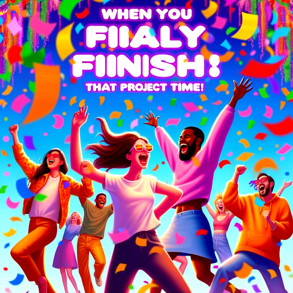 A festive and vibrant celebration meme featuring a group of diverse people dancing joyously under colorful confetti with the caption 'When you finally finish that project on time!'.