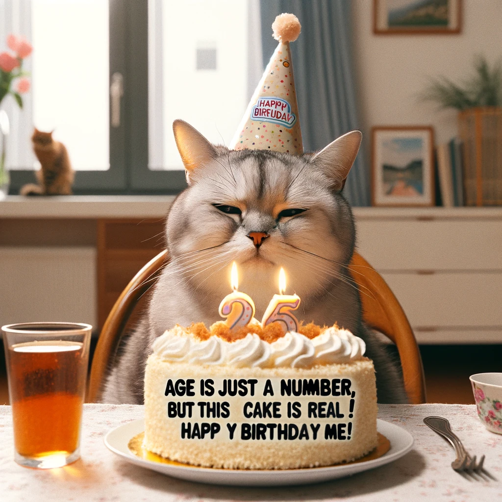 An image of a cat wearing a party hat, sitting at a table with a slice of cake in front of it, with the caption 'Age is just a number, but this cake is real! Happy Birthday to me!'.
