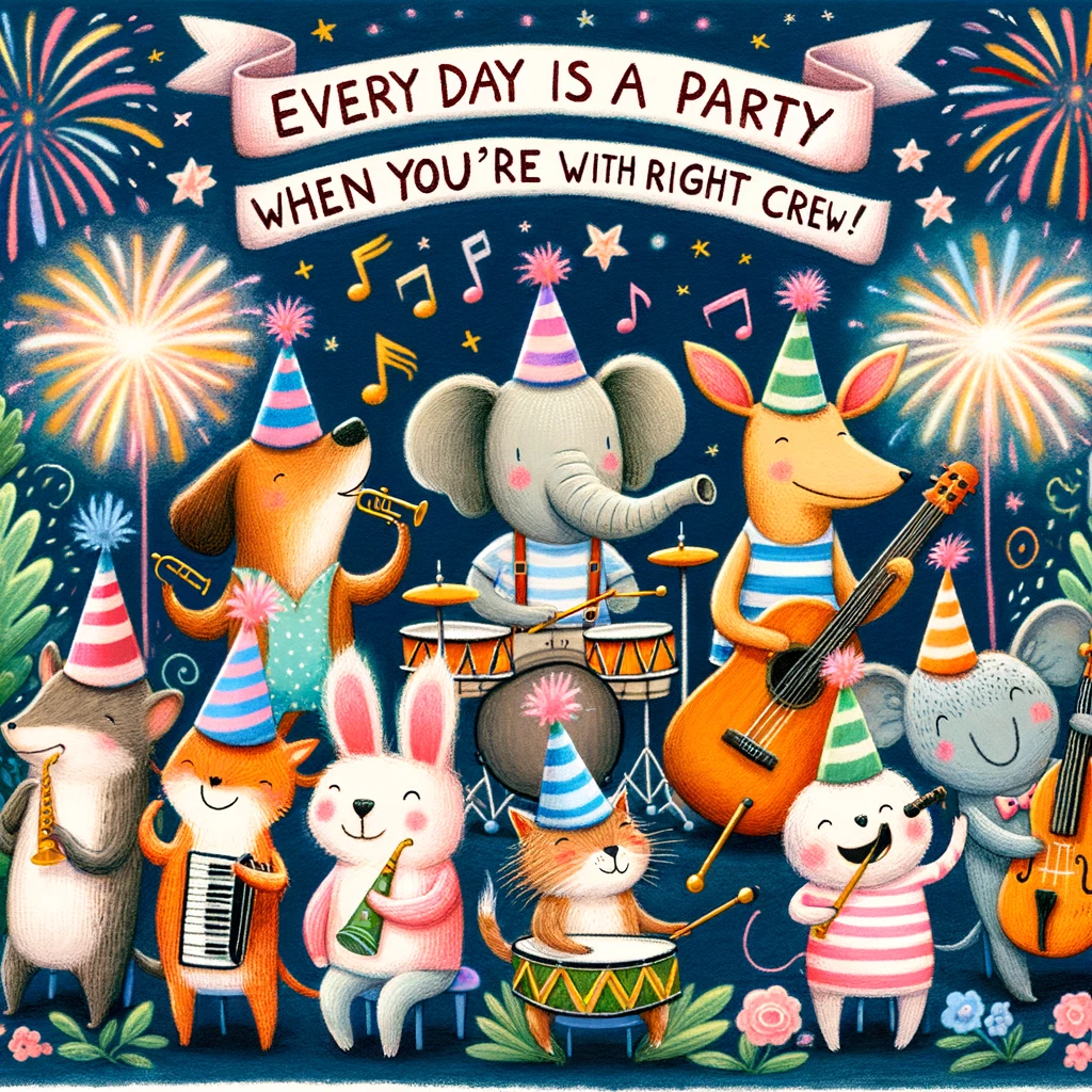 A whimsical illustration of a group of animals in party hats playing musical instruments with fireworks in the background and the caption 'Every day is a party when you're with the right crew!'.