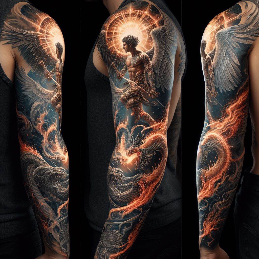 A detailed sleeve tattoo of Archangel Michael battling a dragon, incorporating elements of fire and light, wrapping around the arm from shoulder to wrist.