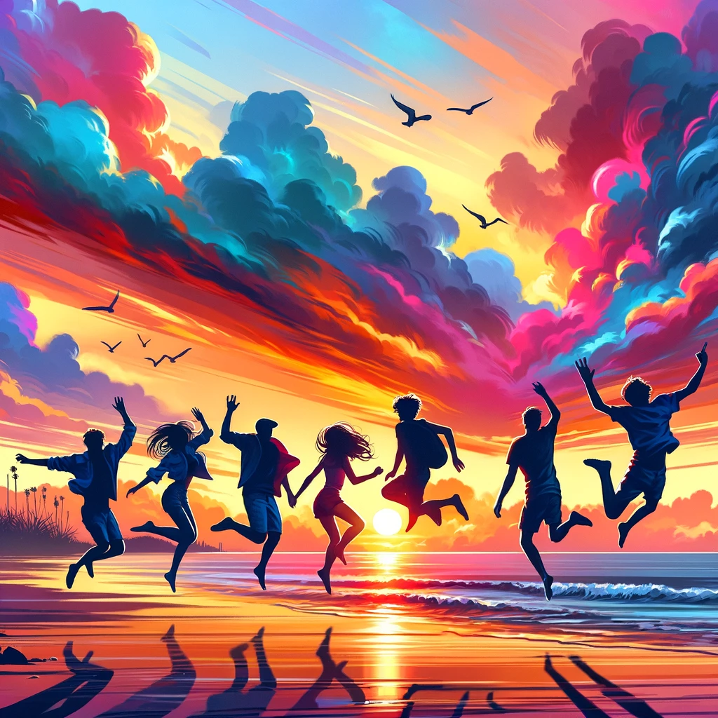 A digital painting of a group of friends jumping into the air on a beach at sunset, with their silhouettes against the colorful sky, and the caption 'Sunset vibes and good times with the besties!'.
