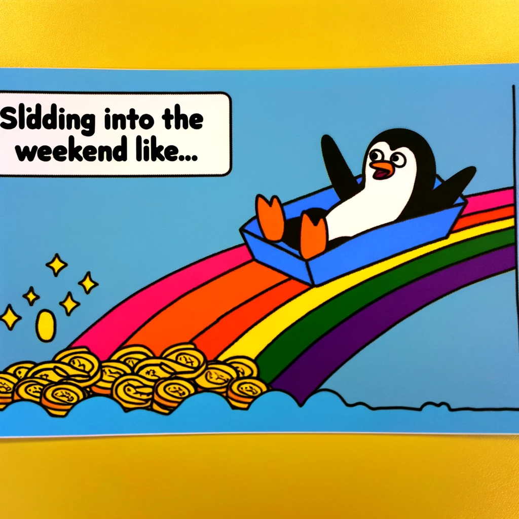 A colorful cartoon of a penguin sliding down a rainbow into a pool of gold coins, with the caption 'Sliding into the weekend like...'.