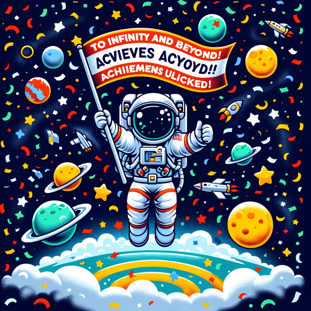 An illustration of an astronaut floating in space with confetti around, holding a flag that reads 'To infinity and beyond! Achievements unlocked!'.