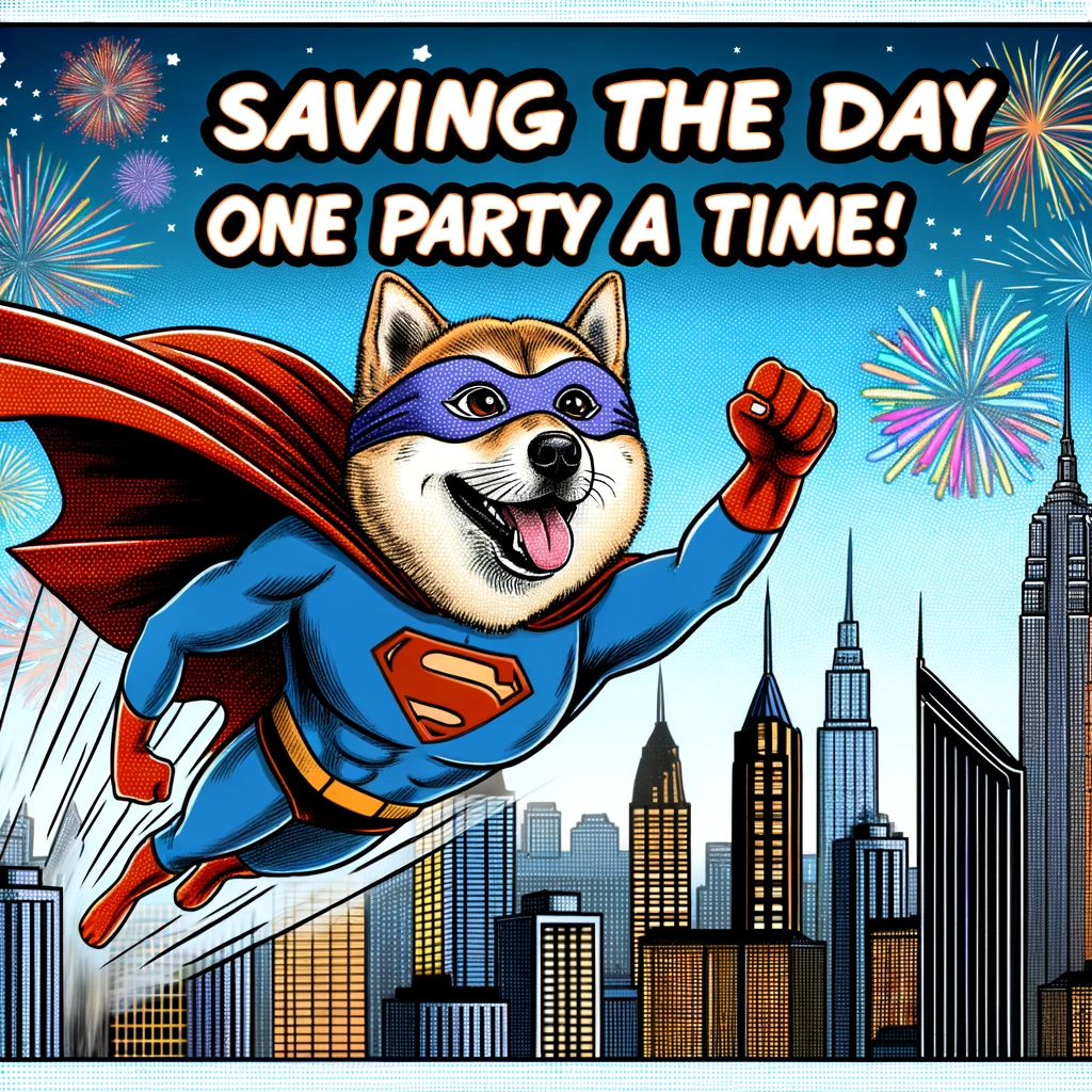 A comic style drawing of a superhero dog wearing a cape, flying above the city skyline with fireworks in the background, captioned 'Saving the day, one party at a time!'.