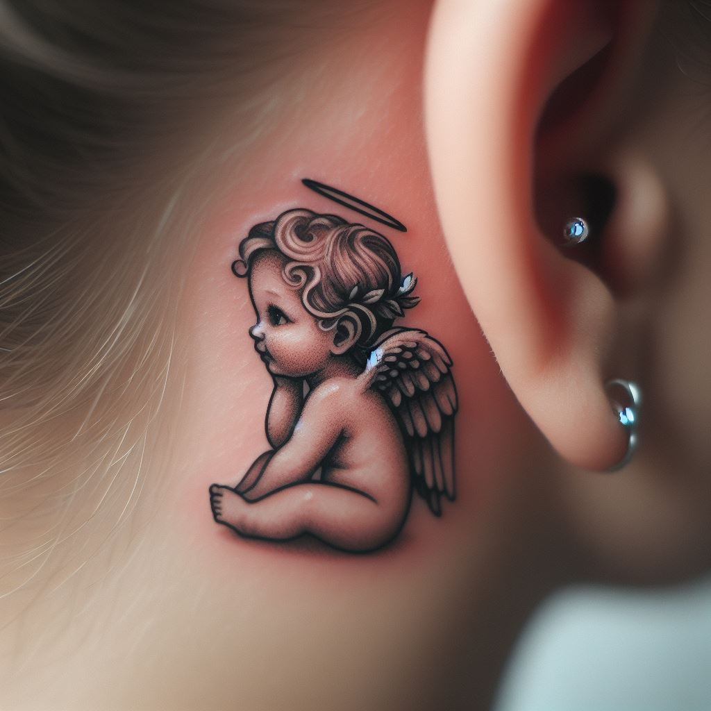A small, cherubic angel tattoo in a playful pose, perfect for tucking discreetly behind the ear, with soft shading and tiny wings.