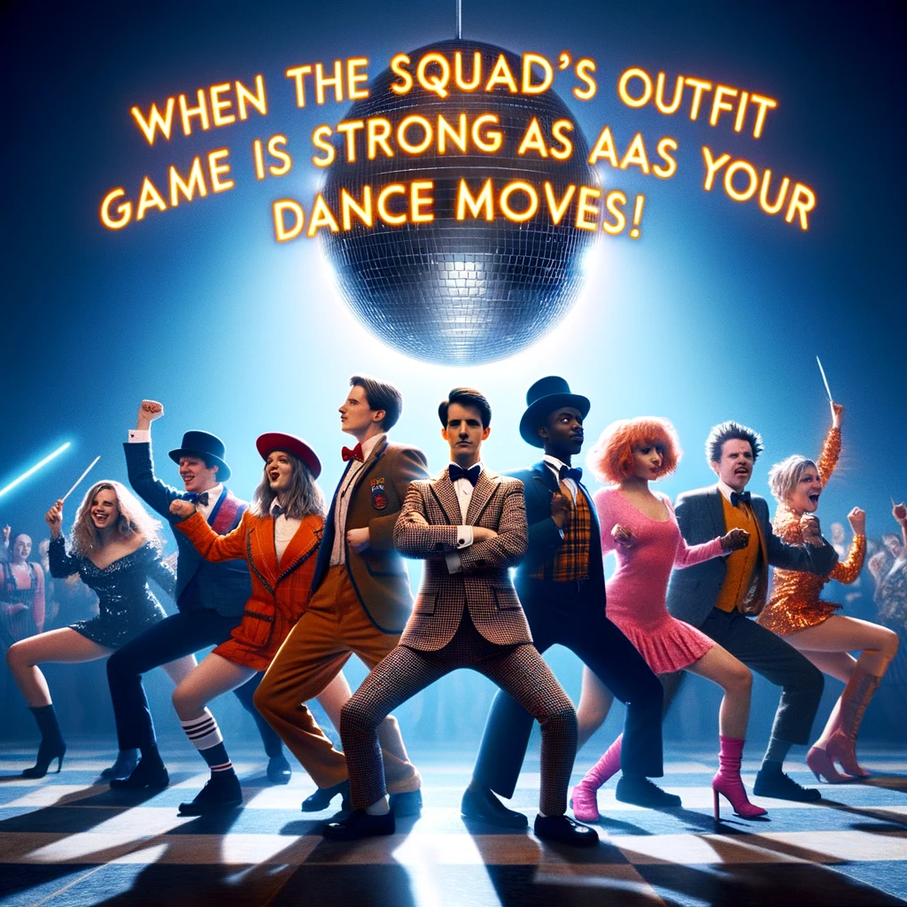 An image of a group of people in various costumes having a dance-off under a disco ball, with the caption 'When the squad's outfit game is as strong as their dance moves!'.