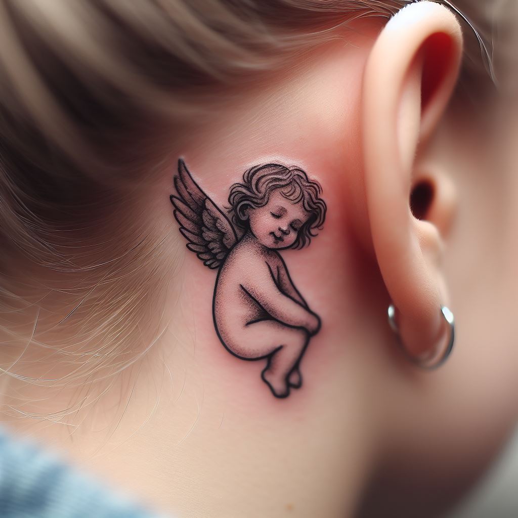 A small, cherubic angel tattoo in a playful pose, perfect for tucking discreetly behind the ear, with soft shading and tiny wings.