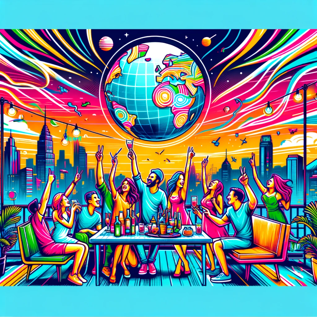 A vibrant and colorful illustration of a group of friends celebrating at a rooftop party with a city skyline in the background, with the caption 'Top of the world vibes with my favorite people!'.