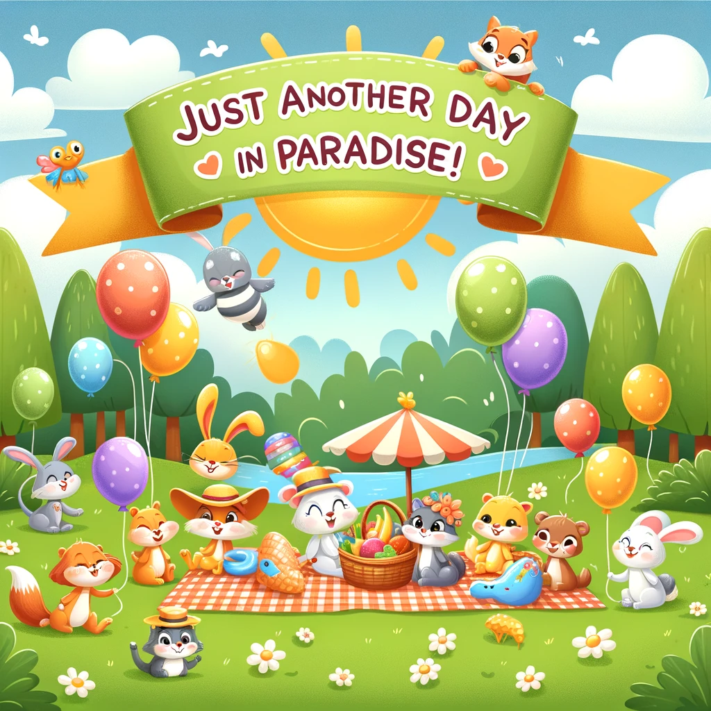 A playful image of a group of cartoon animals having a picnic in a sunny park, with balloons and a banner that reads 'Just another day in paradise!'.