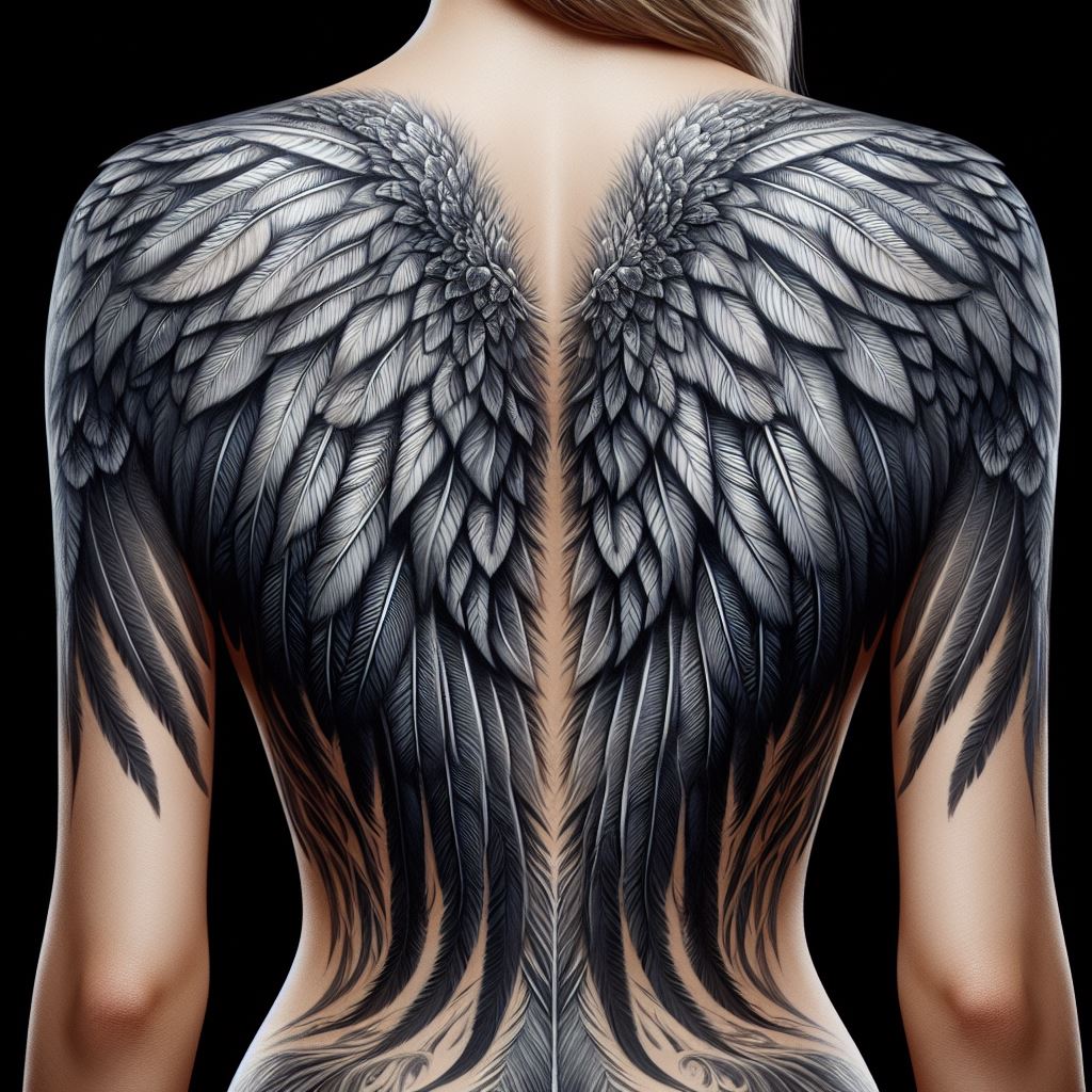 A large, intricate design of angel wings spread across the back, with feathers detailed in various shades of grey and white, starting from the shoulder blades and extending to the lower back.