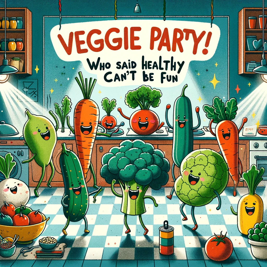 An amusing illustration of various cartoon vegetables having a dance party in the kitchen, with disco lights and the caption 'Veggie party! Who said healthy can't be fun?'.