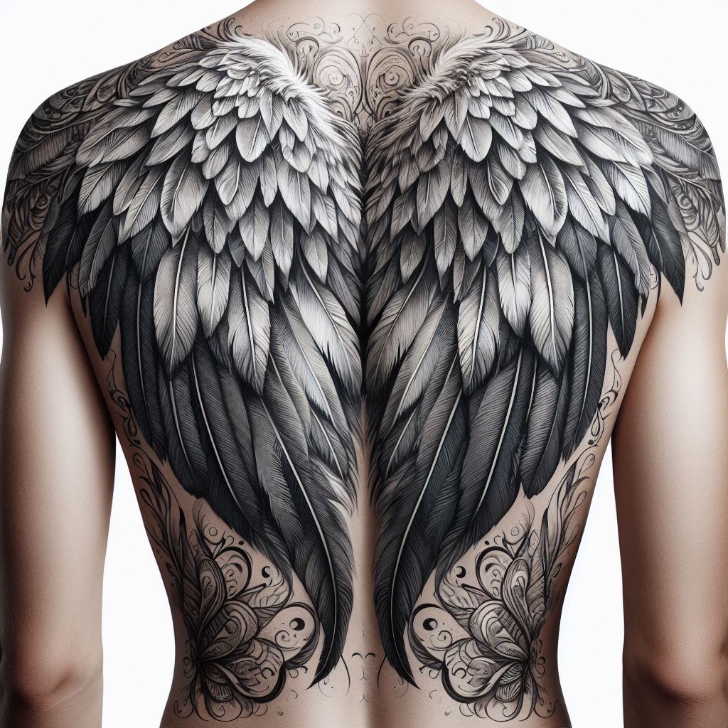 A large, intricate design of angel wings spread across the back, with feathers detailed in various shades of grey and white, starting from the shoulder blades and extending to the lower back.