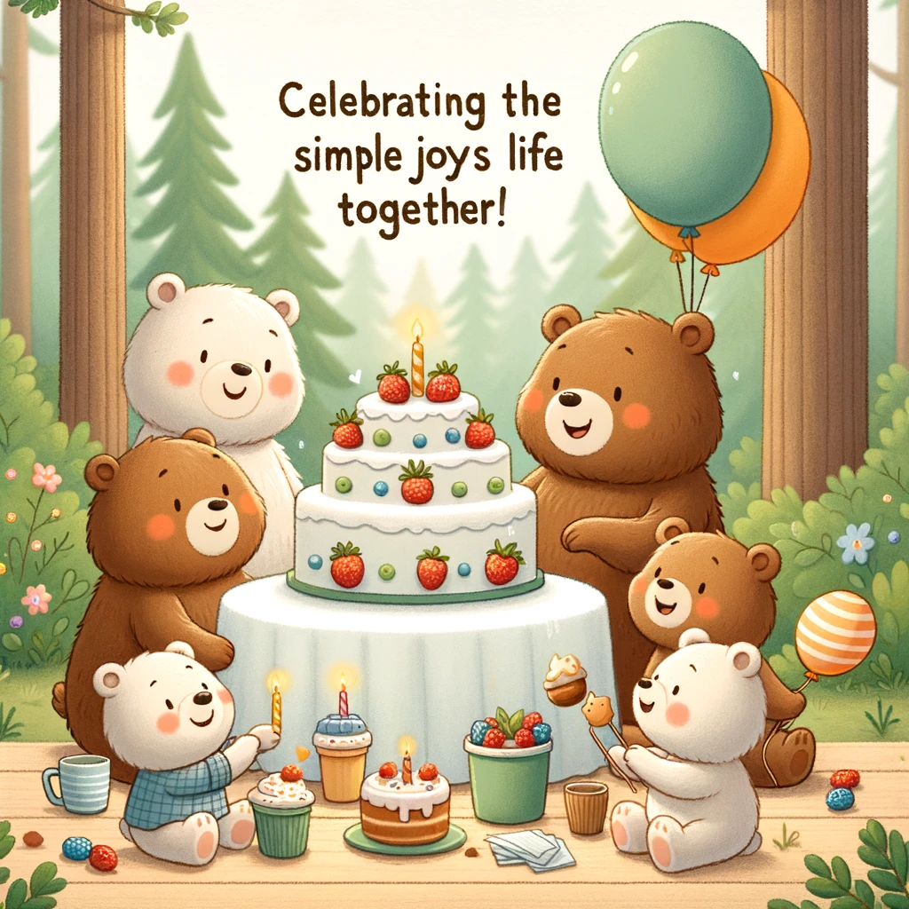 A heartwarming scene of a family of bears having a birthday party in the forest, with a big cake and balloons, captioned 'Celebrating the simple joys of life together!'.