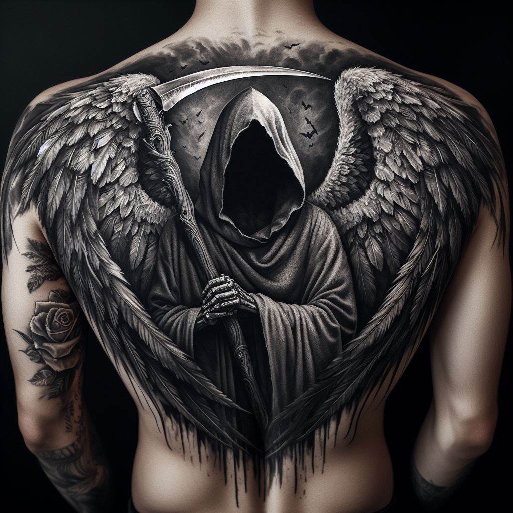 A dramatic, full back tattoo of the Angel of Death, cloaked and with large, unfolding wings, holding a scythe, detailed in black and grey, covering the entire back from shoulders to waist.
