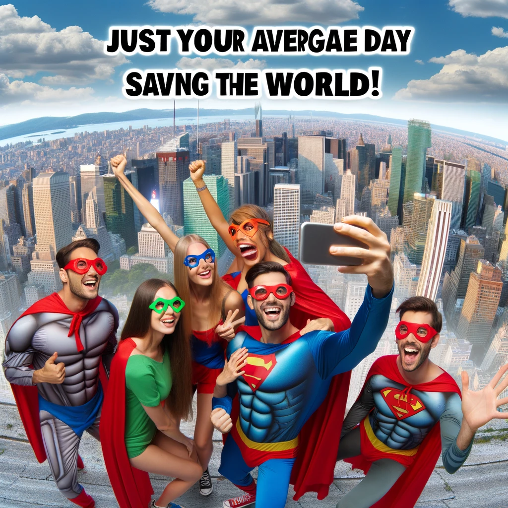 A hilarious image of a group of friends dressed as superheroes, taking a selfie with a cityscape in the background, captioned 'Just your average day saving the world!'.