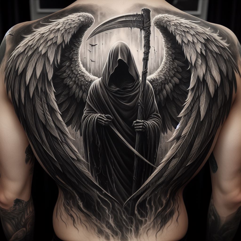 A dramatic, full back tattoo of the Angel of Death, cloaked and with large, unfolding wings, holding a scythe, detailed in black and grey, covering the entire back from shoulders to waist.