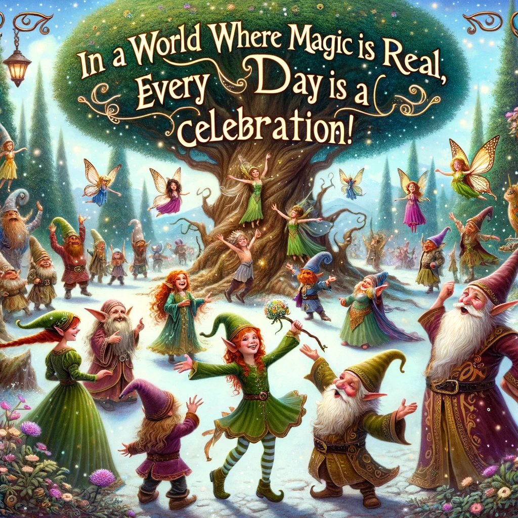 An enchanting illustration of a fantasy world celebration with elves, dwarves, and fairies dancing around a magical tree, captioned 'In a world where magic is real, every day is a celebration!'.