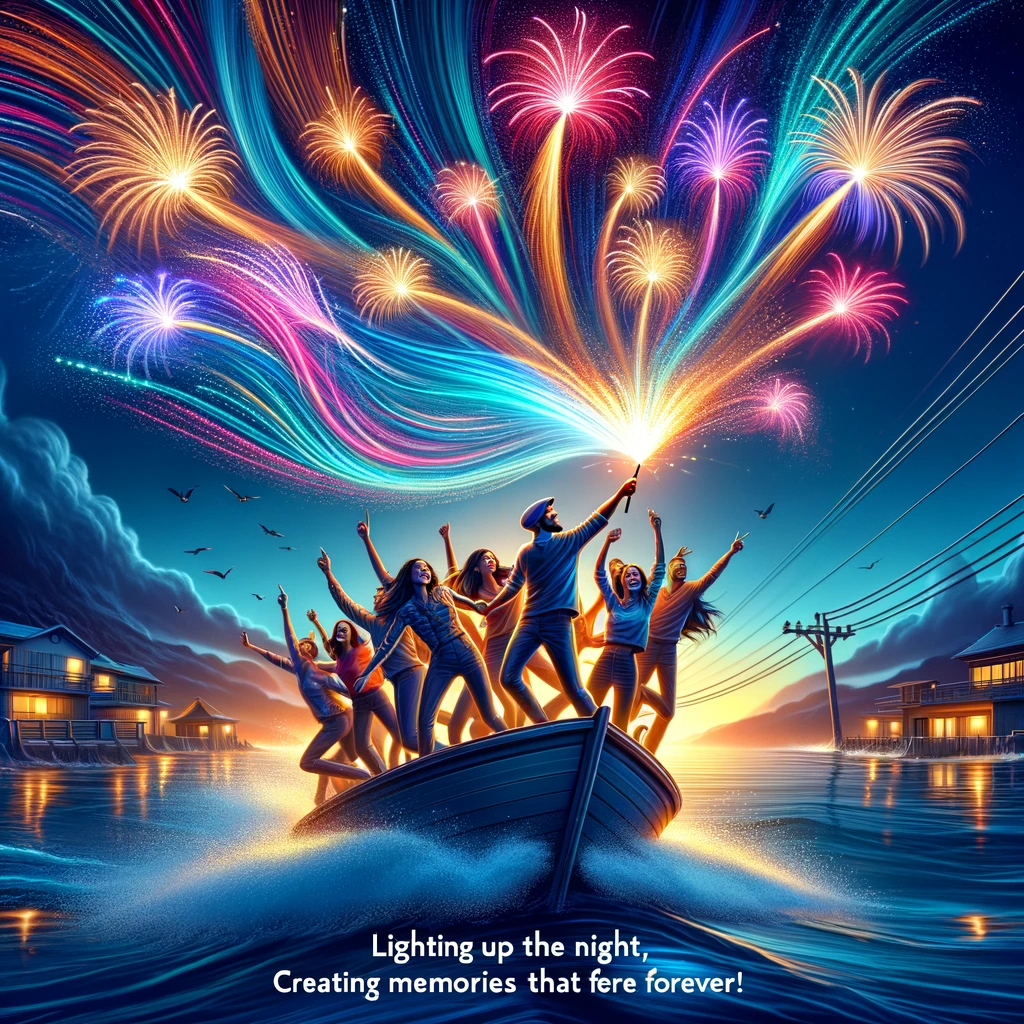 A dynamic image of a group of people launching colorful fireworks from a boat, with the ocean and night sky in the background, captioned 'Lighting up the night, creating memories that last forever!'.