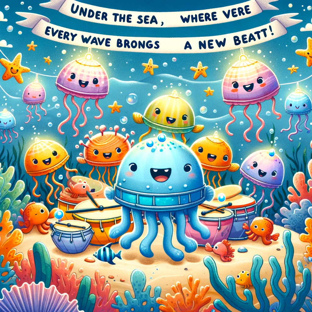 A joyful illustration of a group of cartoon sea creatures having a coral reef party, with jellyfish lanterns and the caption 'Under the sea, where every wave brings a new beat!'.