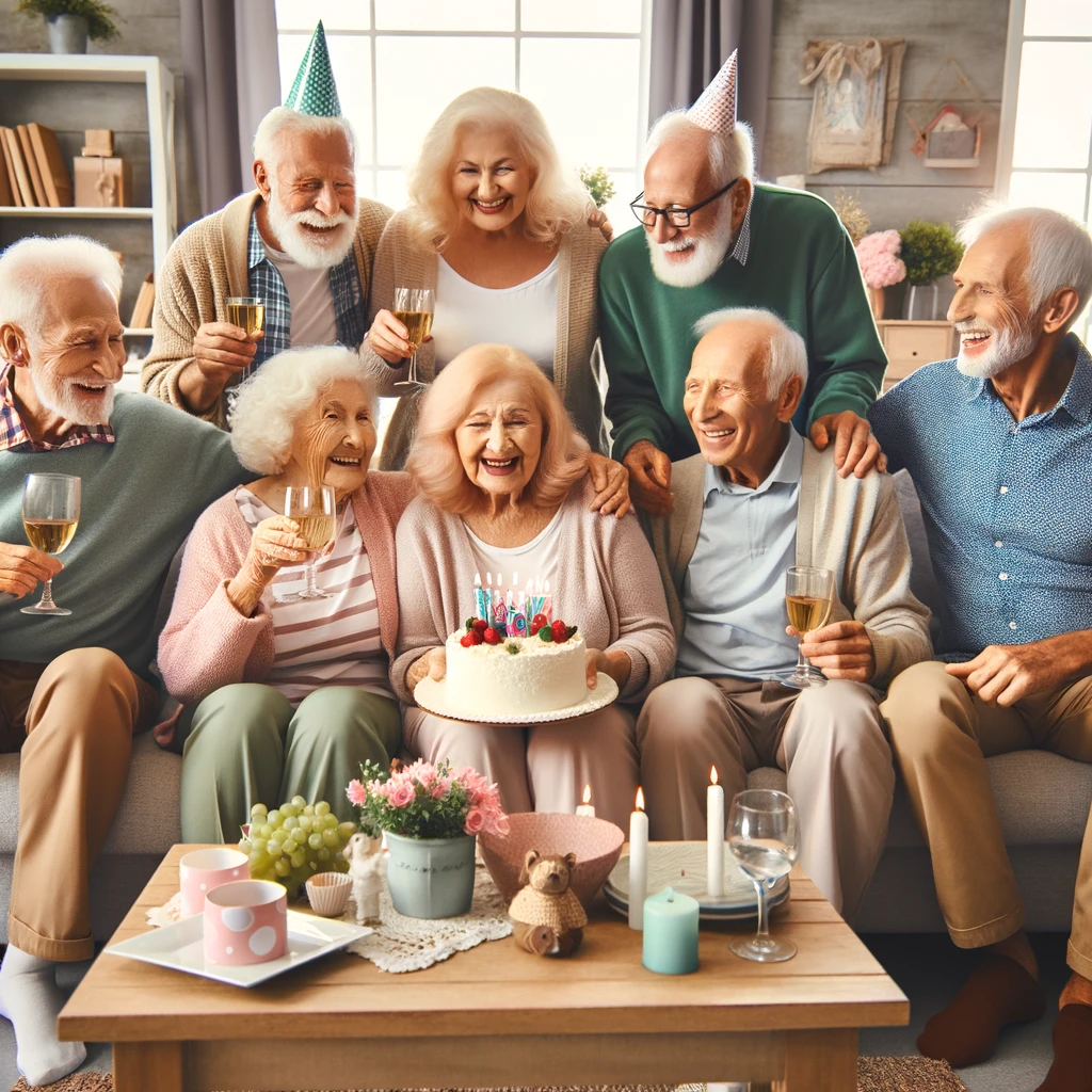 A heartwarming image of a group of elderly friends celebrating a birthday in a cozy living room, with the caption 'Proof that you're never too old to party!'.