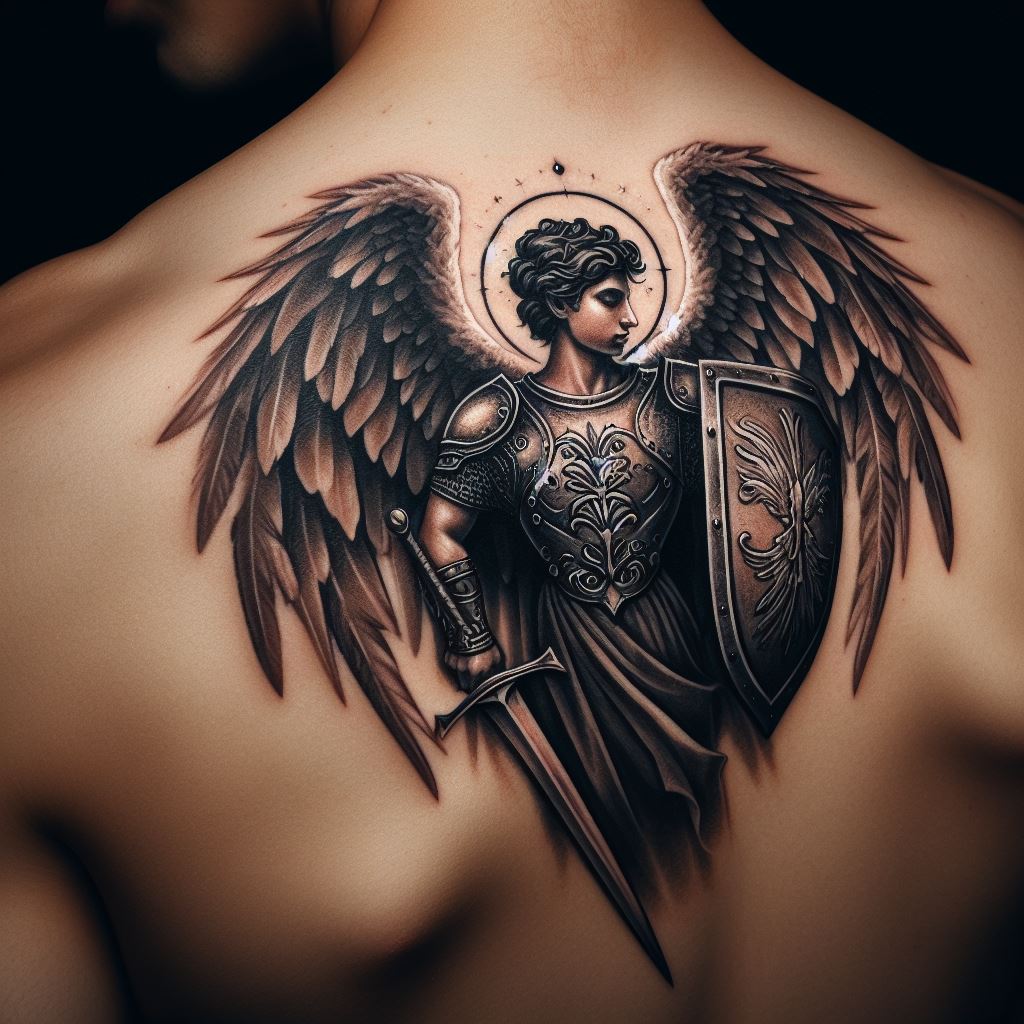 A protective angel tattoo for the shoulder, showing an angel holding a shield and sword, symbolizing strength and protection, with a touch of ancient armor detail.