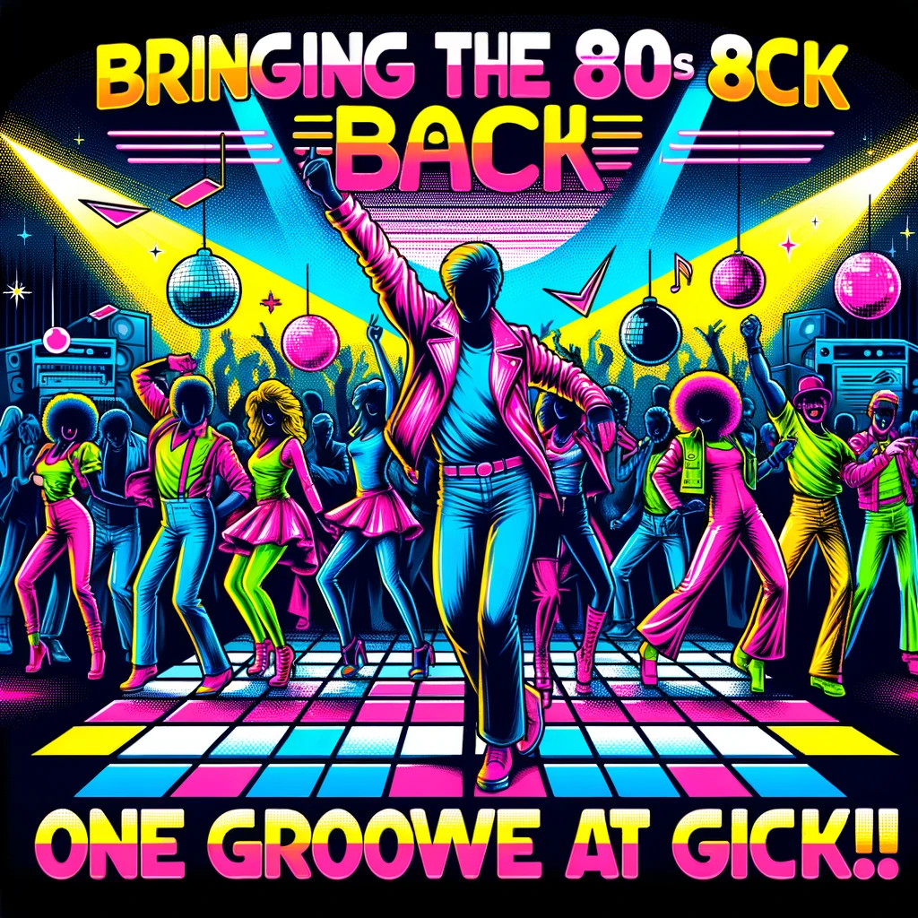 An energetic illustration of a group of people dressed in neon colors, dancing in a retro disco club with the caption 'Bringing the 80s back, one groove at a time!'.