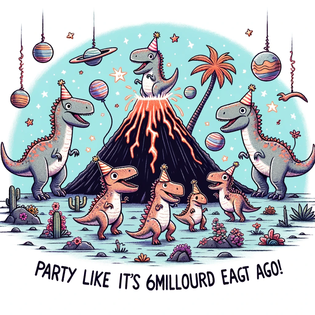 A playful illustration of a group of dinosaurs wearing party hats and dancing around a volcano, with the caption 'Party like it's 65 million years ago!'.