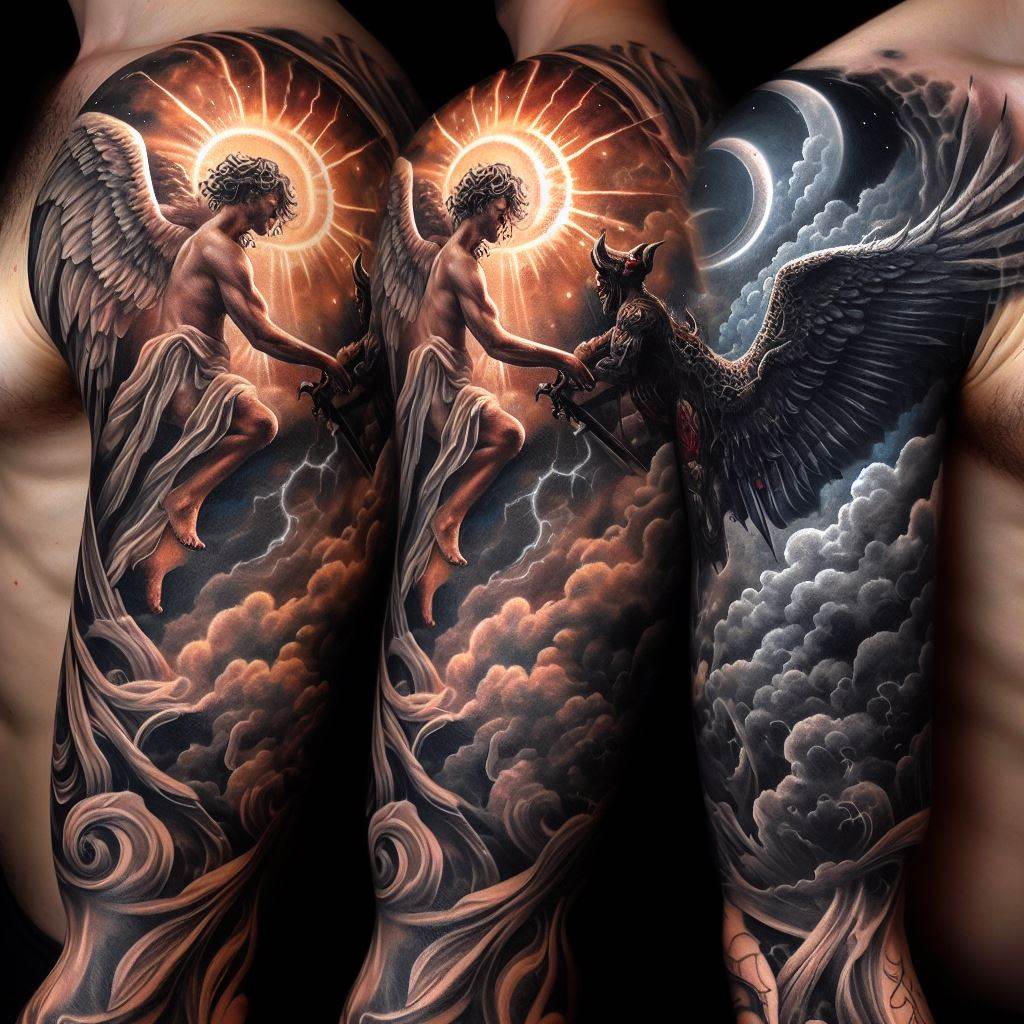 A half sleeve tattoo depicting the eternal struggle between an angel and a demon, intertwining them in battle from the elbow to the shoulder, showcasing contrasting elements of light and darkness.