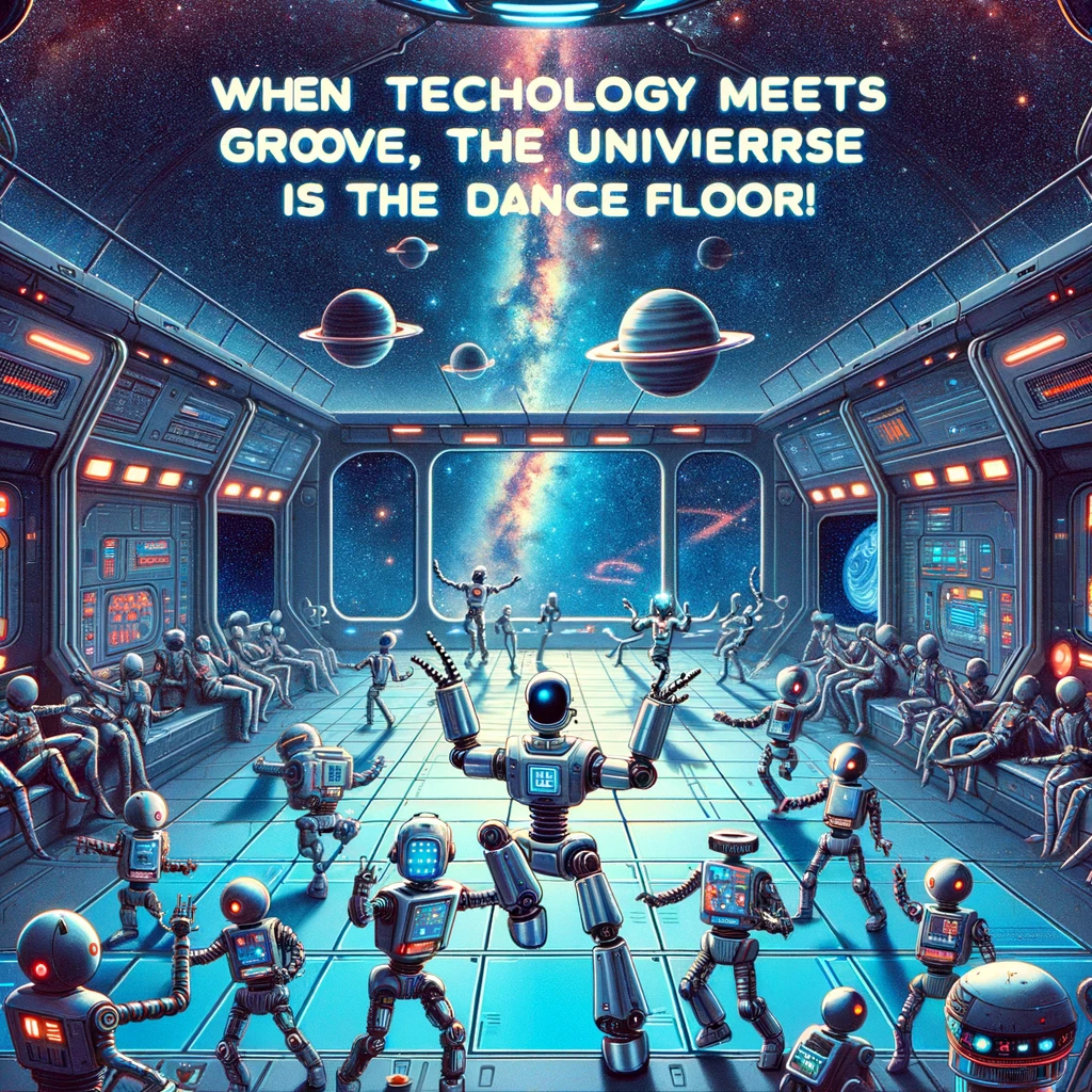 A futuristic image of robots and humans having a dance party in a space station, with the galaxy visible through the windows, captioned 'When technology meets groove, the universe is our dance floor!'.