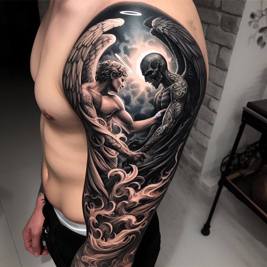 A half sleeve tattoo depicting the eternal struggle between an angel and a demon, intertwining them in battle from the elbow to the shoulder, showcasing contrasting elements of light and darkness.