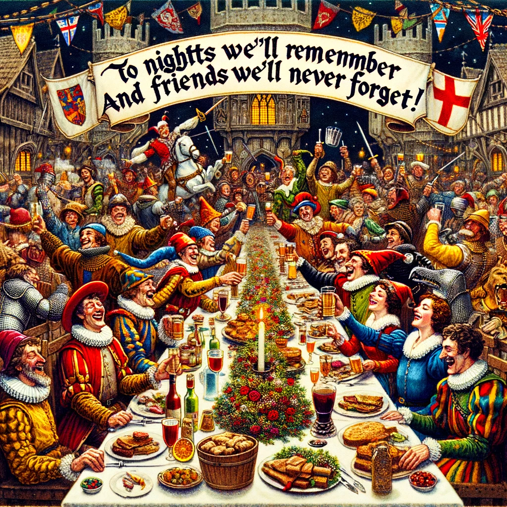 A lively scene of a medieval feast with knights, jesters, and townsfolk, all celebrating around a large banquet table, captioned 'To nights we'll remember and friends we'll never forget!'.