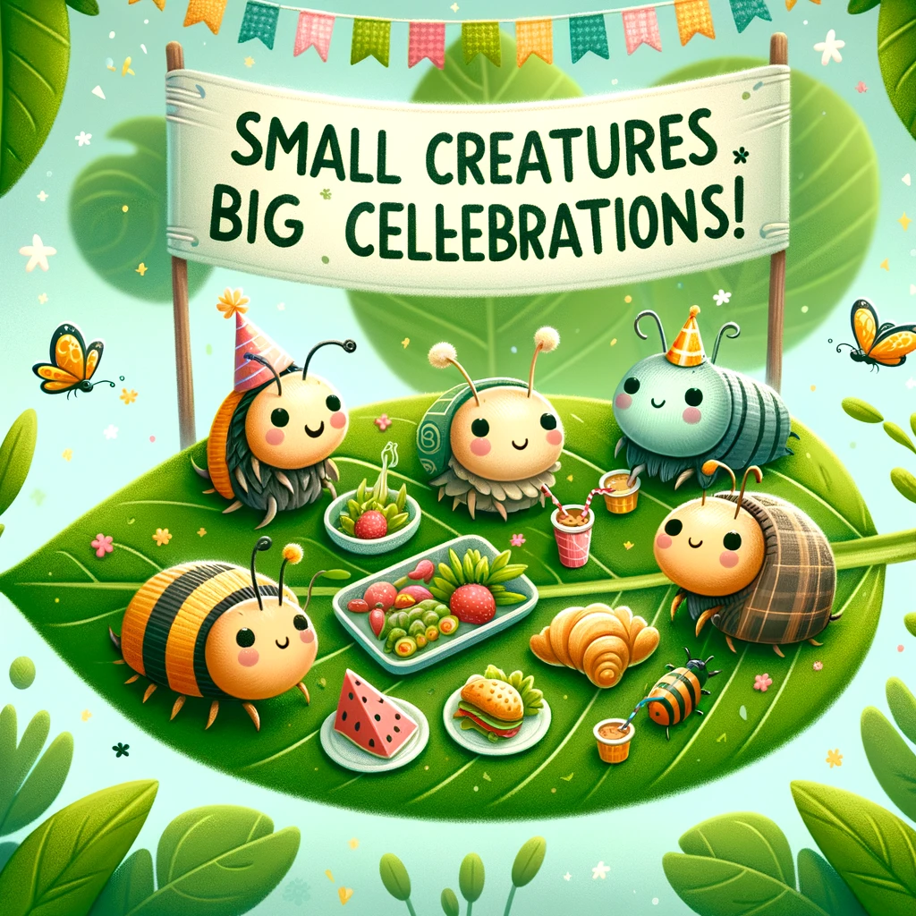 An adorable image of a group of cartoon insects having a picnic on a leaf, with tiny foods and a banner that says 'Small creatures, big celebrations!'.