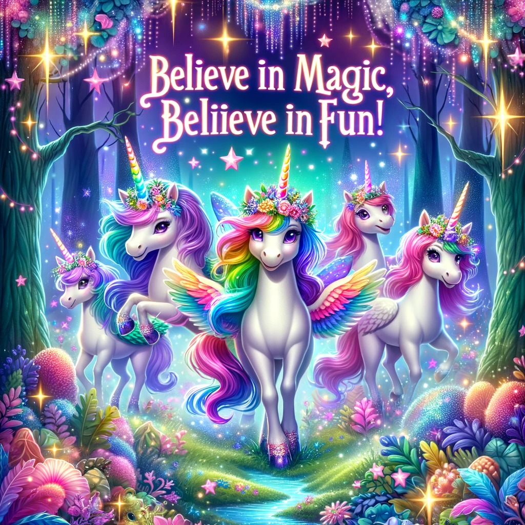 A vibrant image of a magical unicorn party in a mystical forest, with unicorns of various colors, sparkling lights, and a caption 'Believe in magic, believe in fun!'.