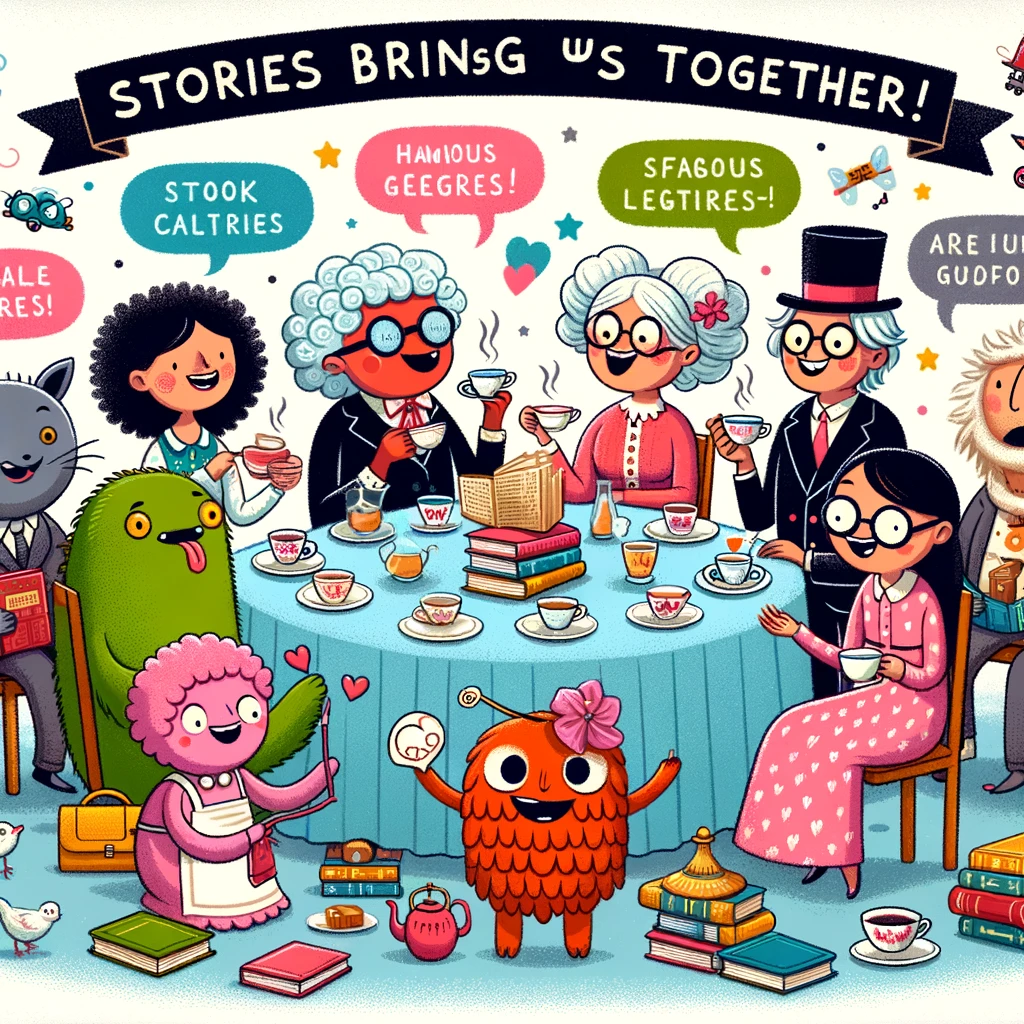 A fun depiction of a group of book characters, from various genres, having a tea party, with speech bubbles of famous quotes and a banner reading 'Stories bring us together!'.