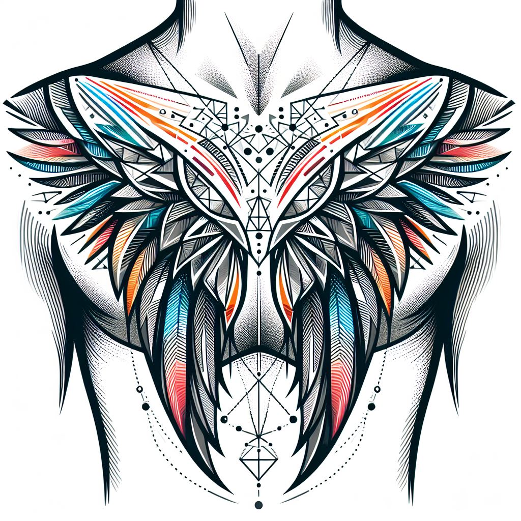 An abstract design of angel wings with geometric shapes and lines, ideal for placement along the ribs, blending traditional symbolism with modern art.