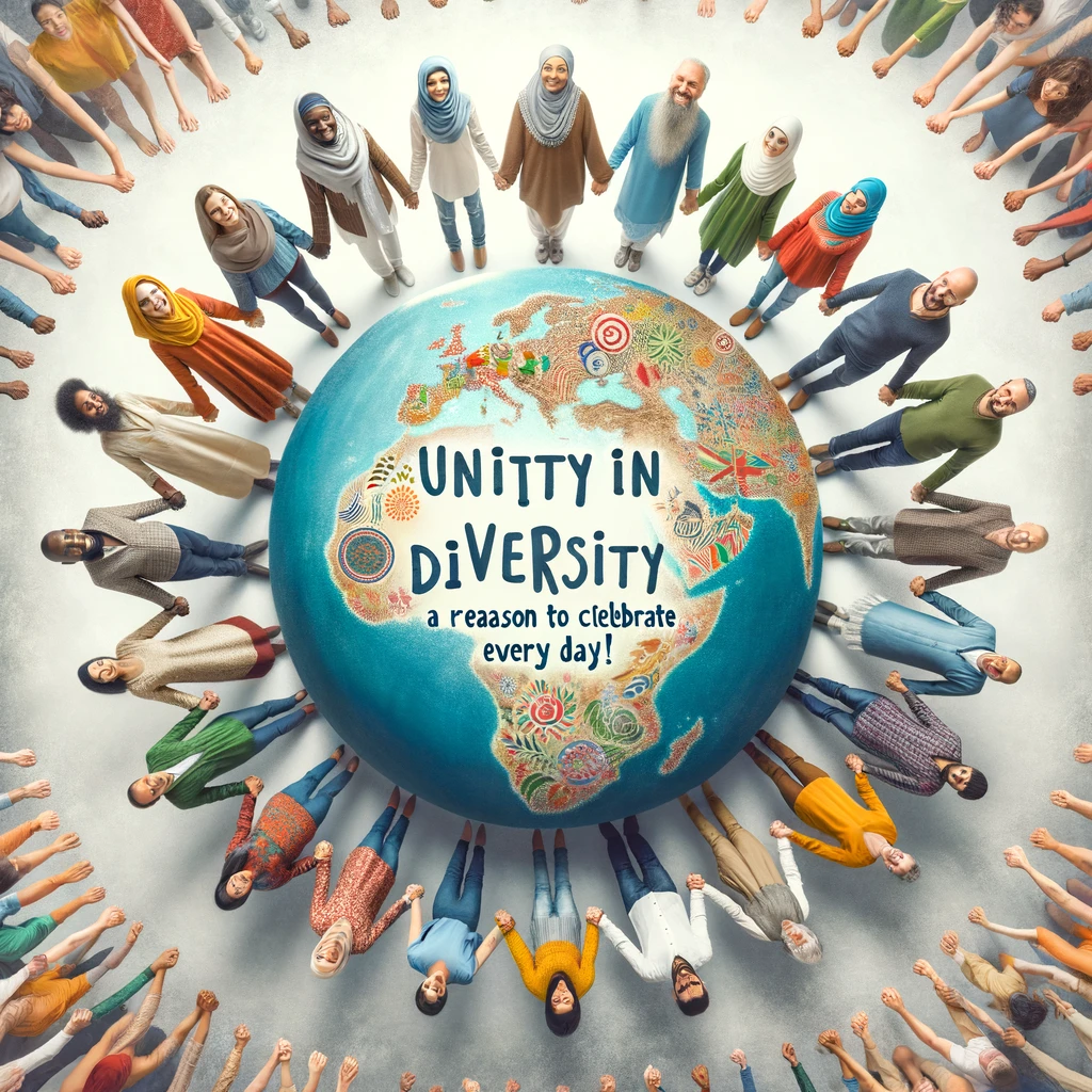 An inspiring image of people from different cultures around the world holding hands in a circle, with a globe in the center, captioned 'Unity in diversity, a reason to celebrate every day!'.