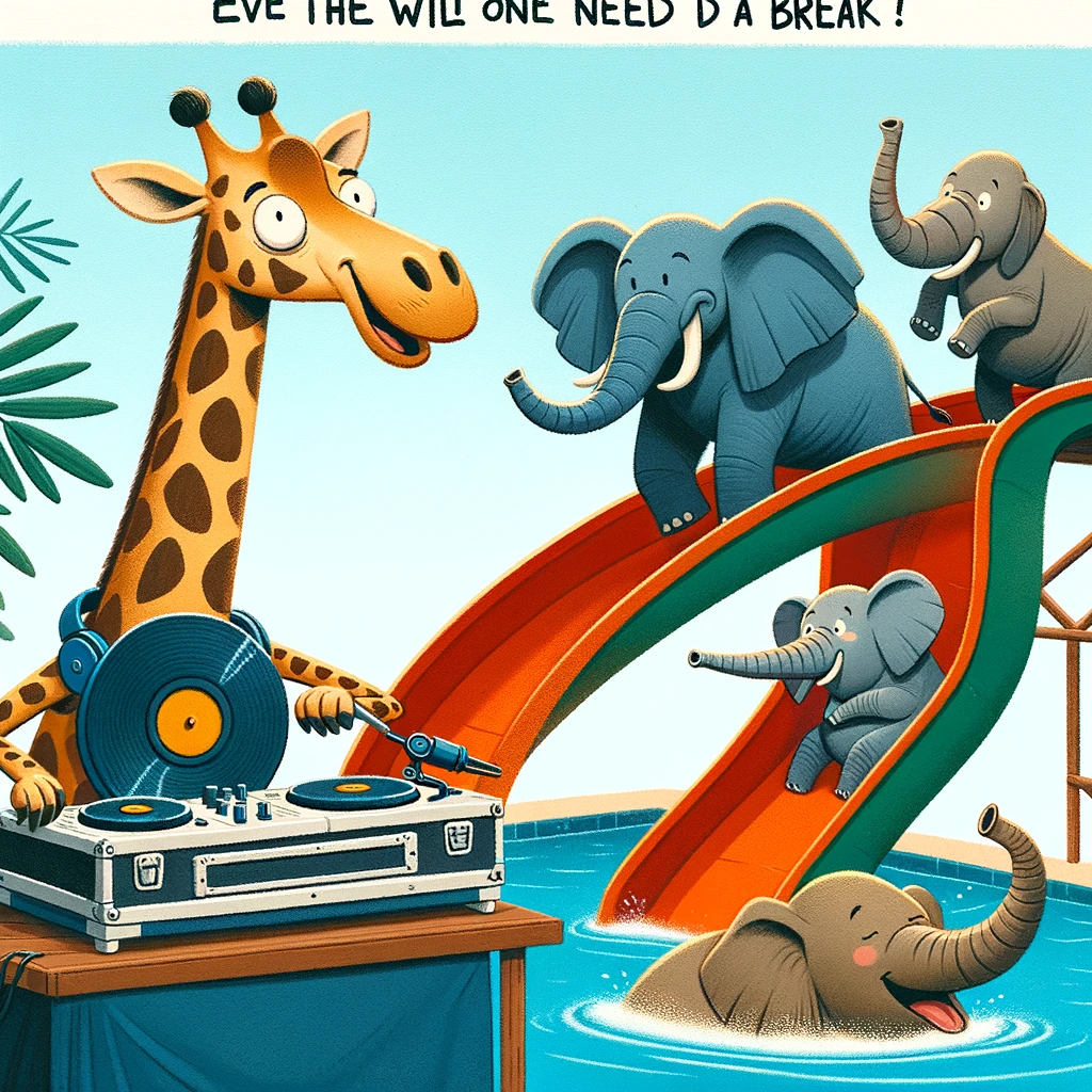 A humorous illustration of animals from the zoo having a pool party, with a giraffe as the DJ and elephants sliding down a water slide, captioned 'Even the wild ones need a break!'.