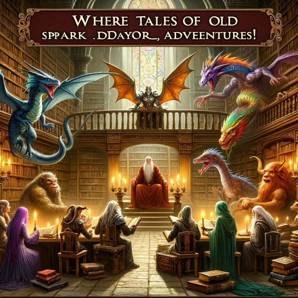 An image of a fantasy book club meeting in an ancient library, with mythical creatures discussing books, captioned 'Where tales of old spark new adventures!'.