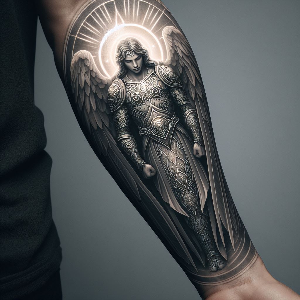 A guardian angel in a protective stance, with detailed armor and softly glowing eyes, designed for the forearm, symbolizing guidance and safety.