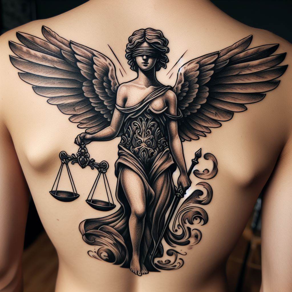 A tattoo of an angel holding scales of justice, with a blindfold, for placement on the lower back, representing balance and fairness in a stylized design.