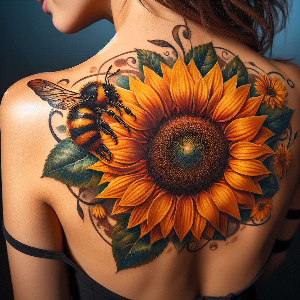 A large, vibrant sunflower tattoo on a woman's upper back, with a bee hovering close, detailed in bright yellows and browns, symbolizing happiness, growth, and the importance of nature's ecosystem.
