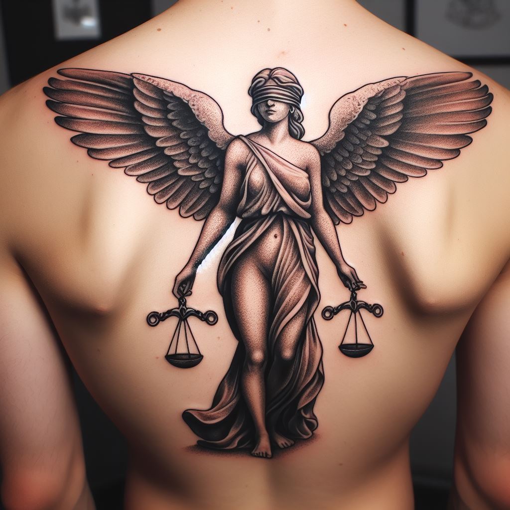 A tattoo of an angel holding scales of justice, with a blindfold, for placement on the lower back, representing balance and fairness in a stylized design.