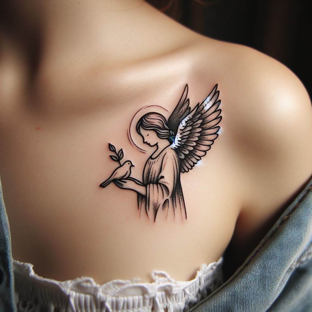 A simple, elegant tattoo of an angel with a dove perched on its hand, for placement along the collarbone, symbolizing peace and tranquility.