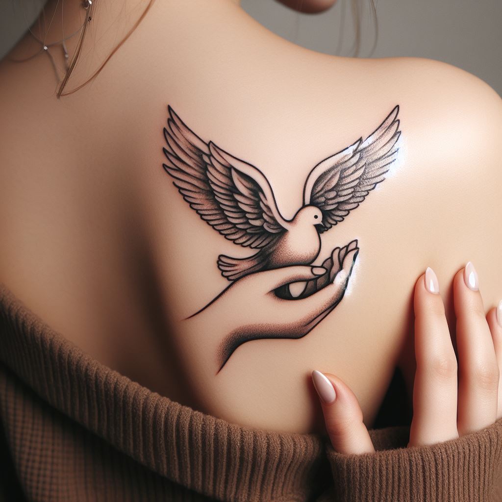 A simple, elegant tattoo of an angel with a dove perched on its hand, for placement along the collarbone, symbolizing peace and tranquility.
