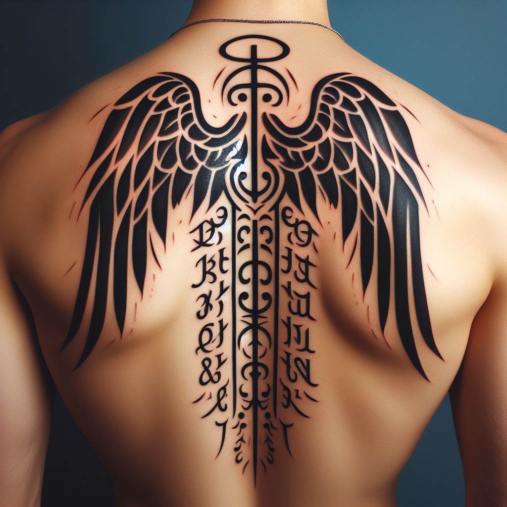 A tattoo featuring stylized angelic script or symbols, running across the upper back, suggesting a hidden, heavenly language, with an air of mystery.