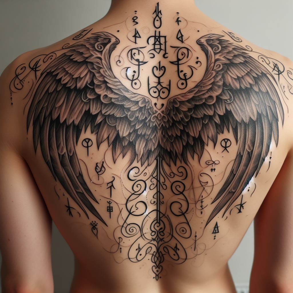 A tattoo featuring stylized angelic script or symbols, running across the upper back, suggesting a hidden, heavenly language, with an air of mystery.