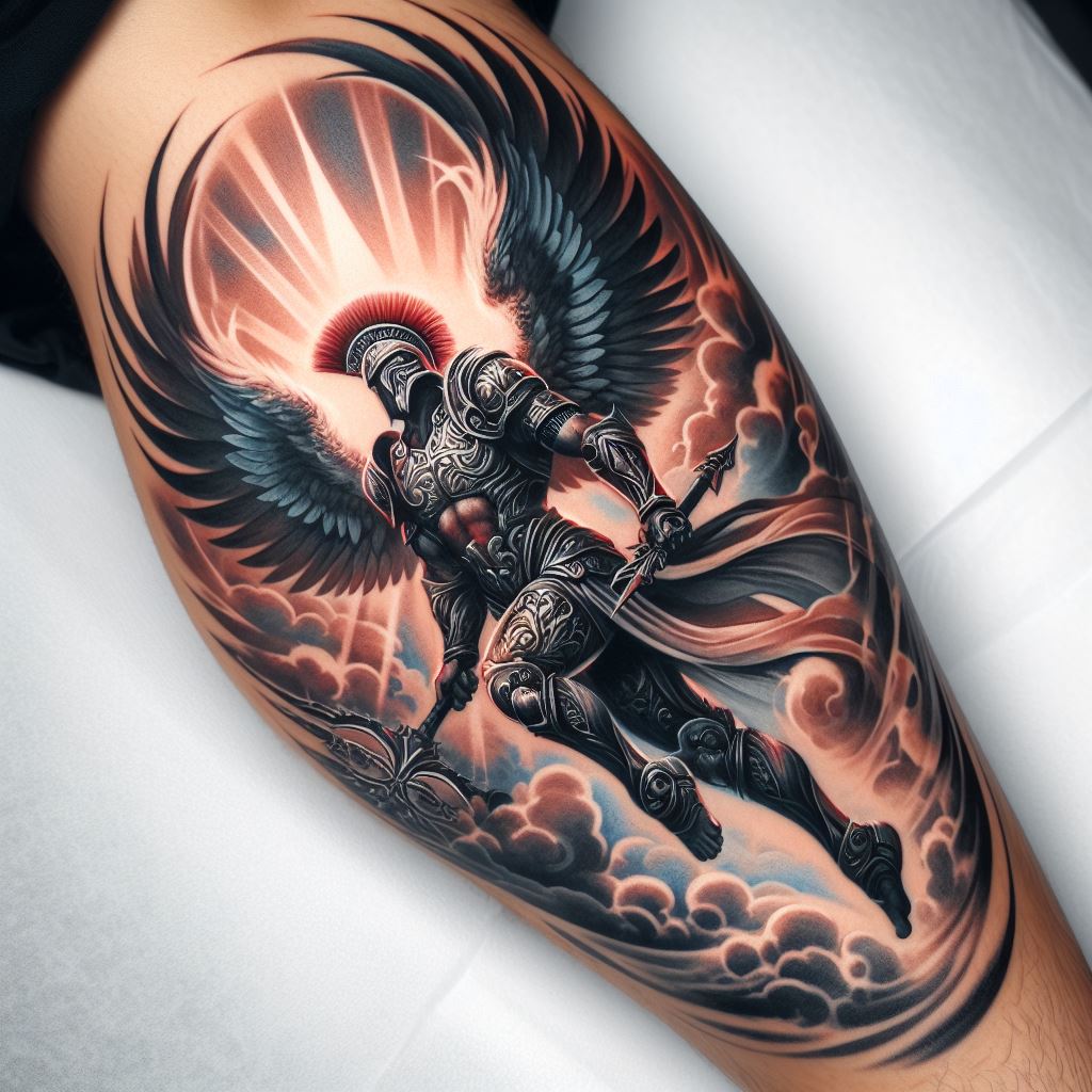 A dynamic tattoo of a warrior angel in mid-flight, with detailed armor and wings, for the side of the leg, symbolizing courage and valor.