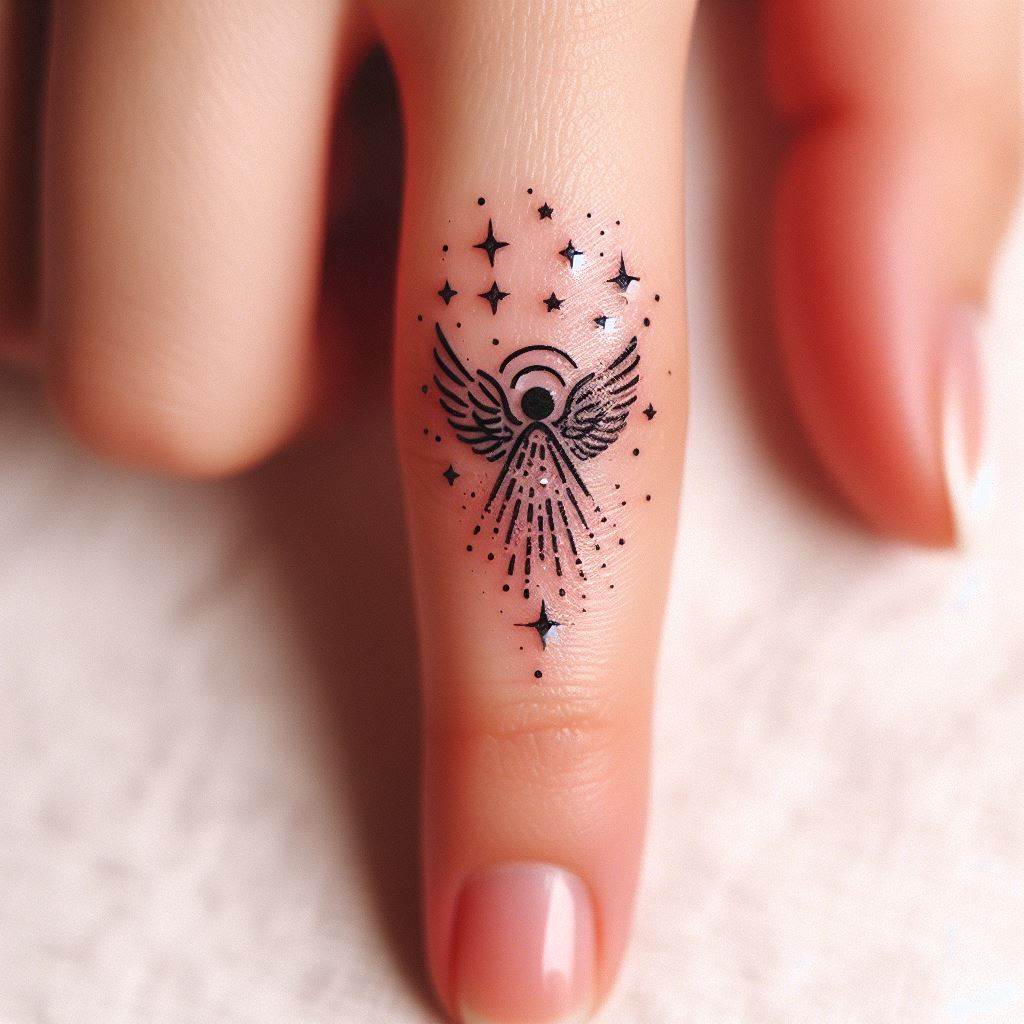 A tiny celestial angel tattoo with stars surrounding it, suitable for placement on one finger, combining the themes of guidance and the cosmos in a minimalist design.