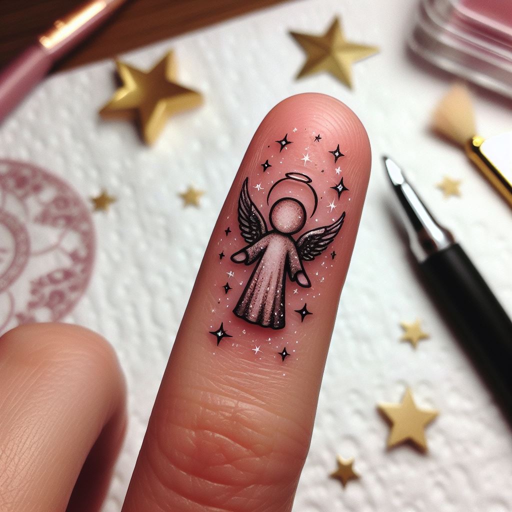 A tiny celestial angel tattoo with stars surrounding it, suitable for placement on one finger, combining the themes of guidance and the cosmos in a minimalist design.