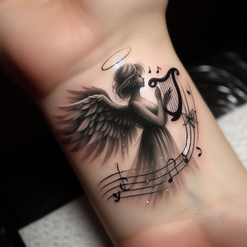 A small, delicate tattoo of angel playing a harp, perfect for the wrist, incorporating musical notes and soft, ethereal lighting for a serene effect.